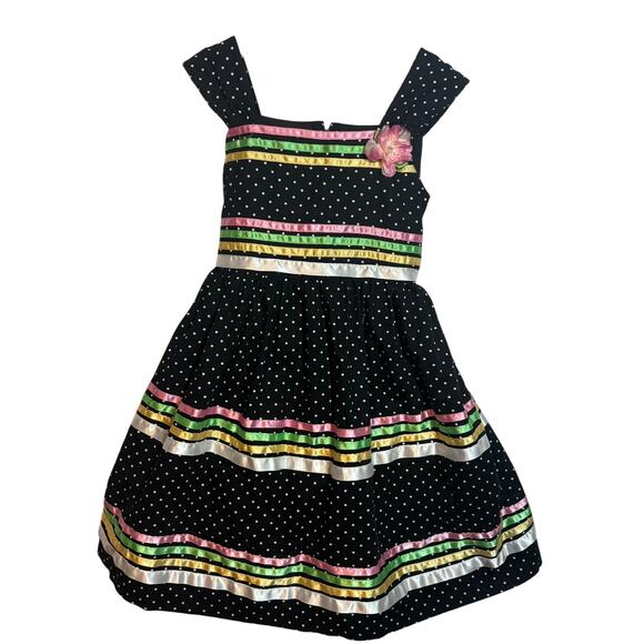 Bonnie Jean Little Girls Size 6X Dot Print Dress With Ribbons Flower Black Pink - Picture 1 of 5